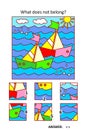 Visual puzzle with picture fragments. Sailboats regatta at the pond. What does not belong?